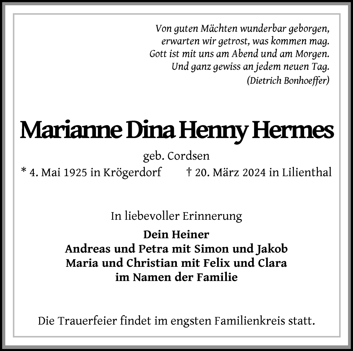 Traueranzeige von Marianne Dina Henny Hermes von WESER-KURIER
