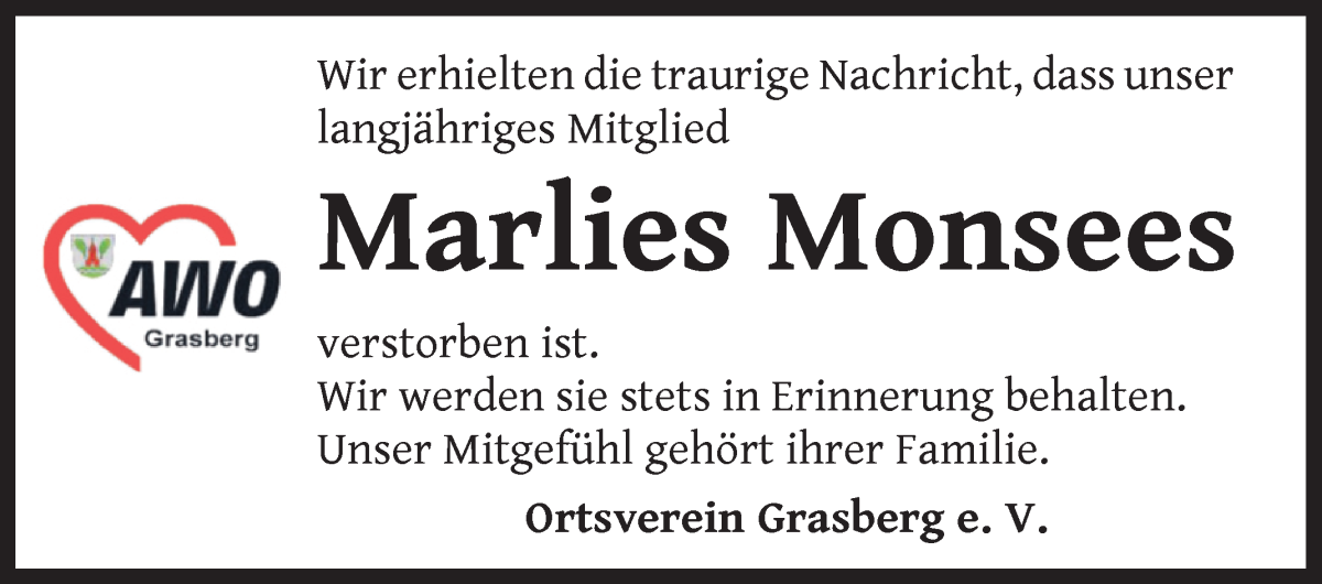 Traueranzeige von Marlies Monsees von Wuemme Zeitung