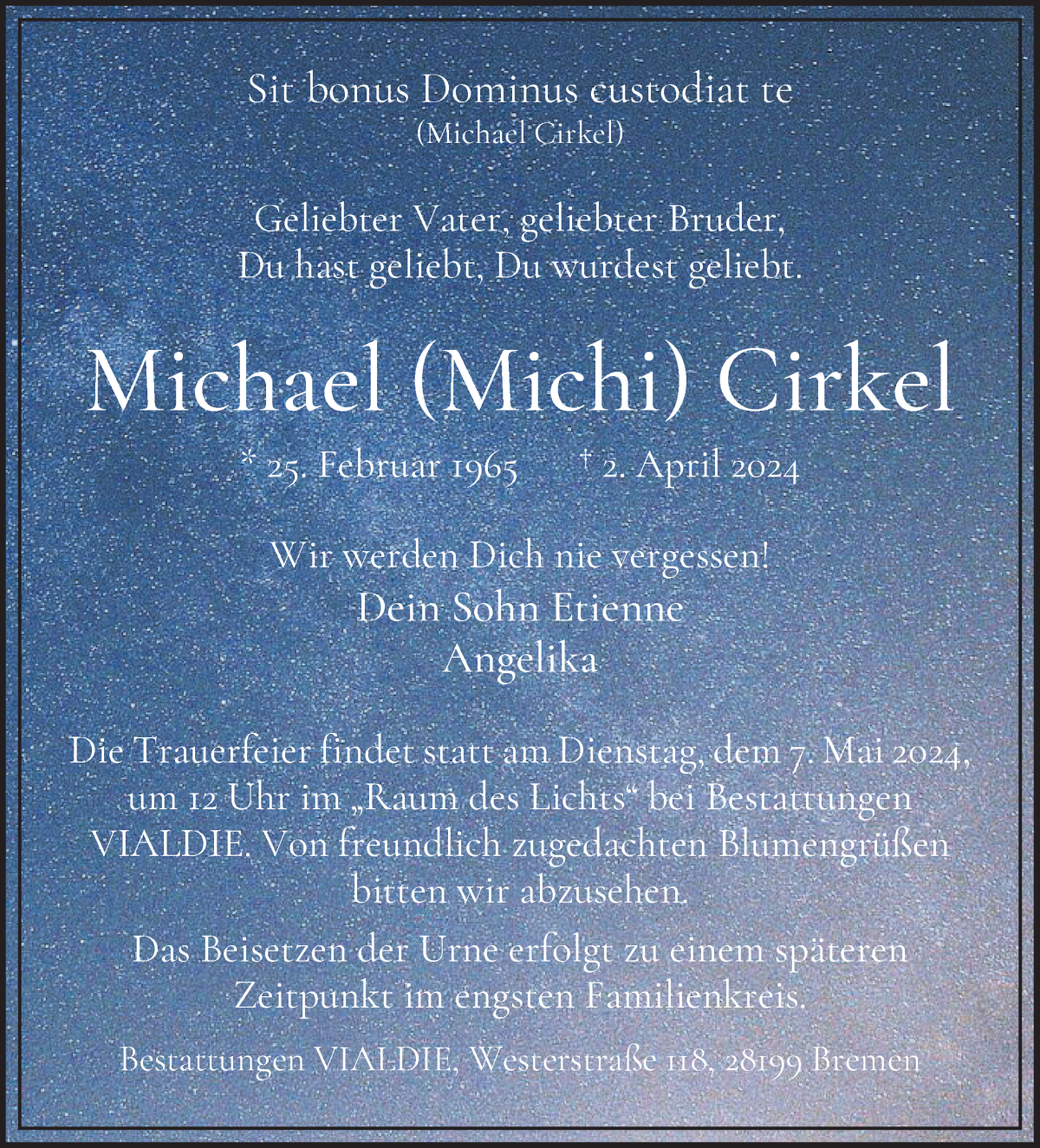  Traueranzeige für Michael (Michi) Cirkel vom 13.04.2024 aus WESER-KURIER