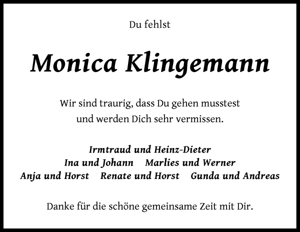 Traueranzeige von Monica Klingemann