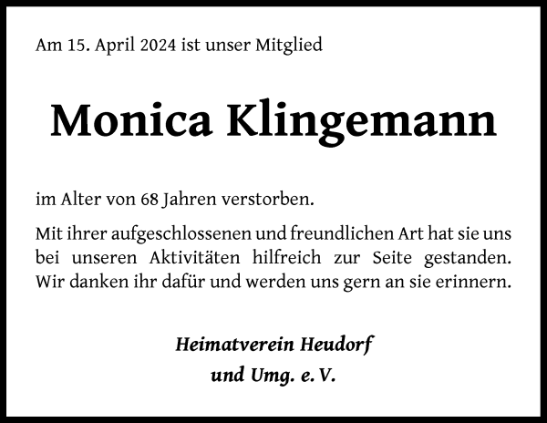 Traueranzeige von Monica Klingemann