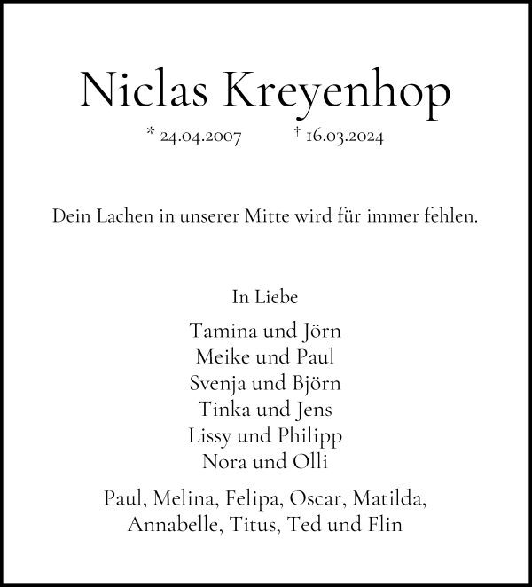Traueranzeige von Niclas Kreyenhop von WESER-KURIER