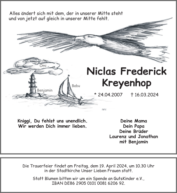 Traueranzeige von Niclas Frederick Kreyenhop