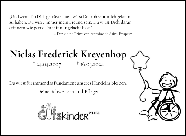 Traueranzeige von Niclas Frederick Kreyenhop