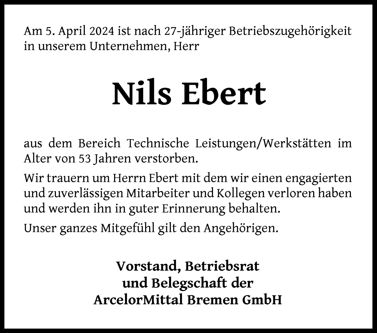  Traueranzeige für Nils Ebert vom 27.04.2024 aus WESER-KURIER