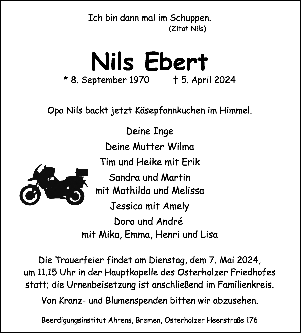  Traueranzeige für Nils Ebert vom 27.04.2024 aus WESER-KURIER