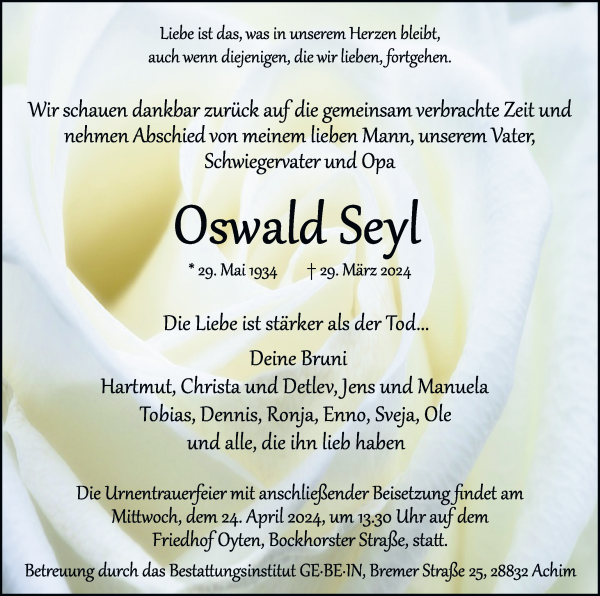Traueranzeige von Oswald Seyl von WESER-KURIER