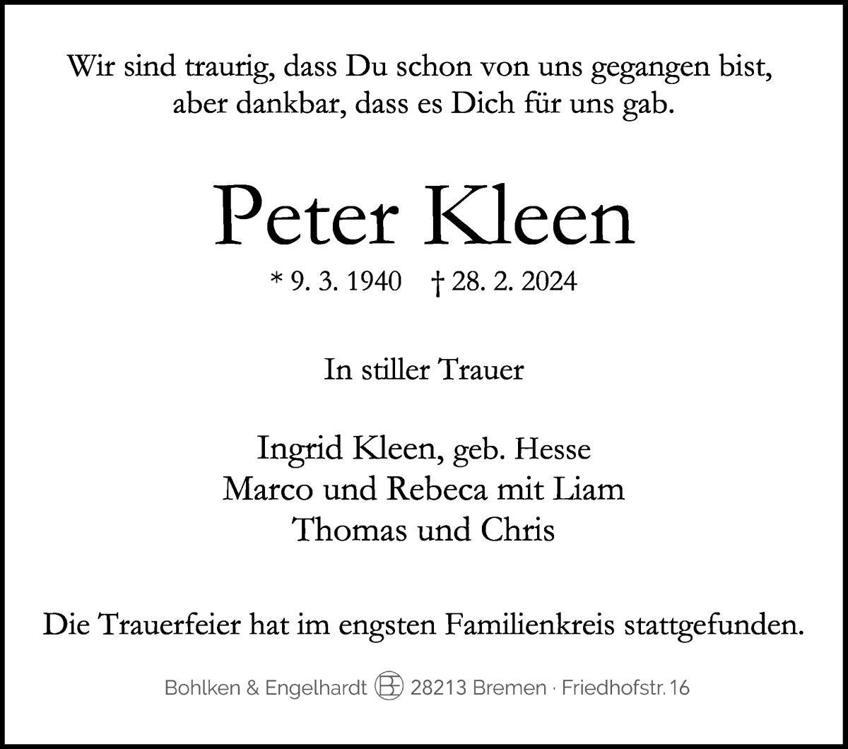 Traueranzeige von Peter Kleen von WESER-KURIER
