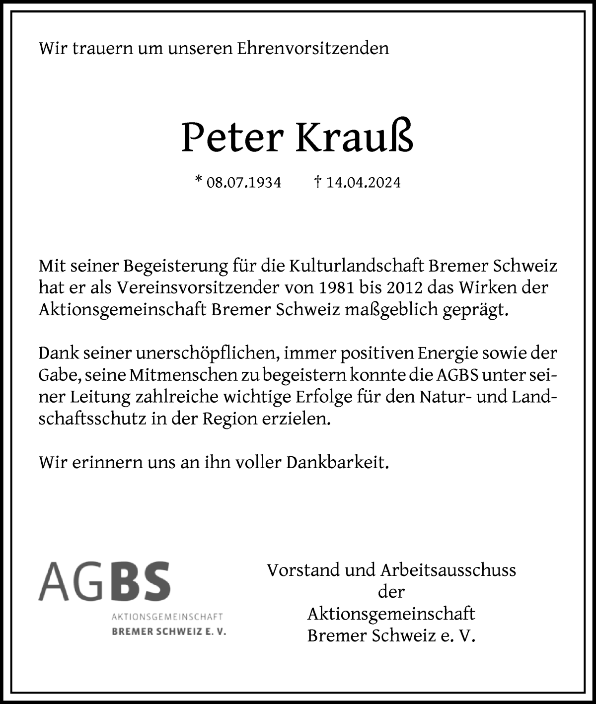 Traueranzeige von Peter Krauß von Die Norddeutsche