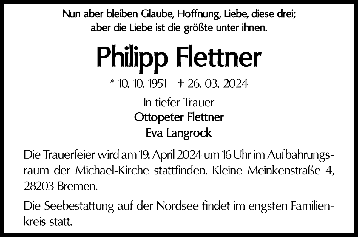 Traueranzeige von Philipp Flettner von WESER-KURIER