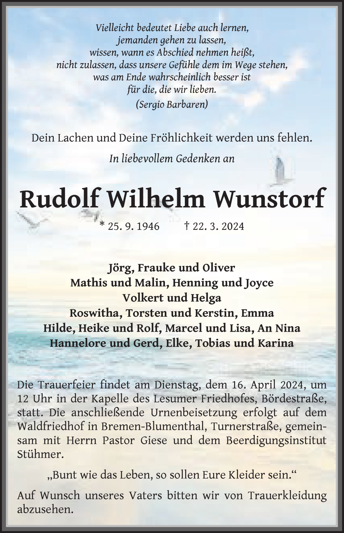 Traueranzeige von Rudolf Wilhelm Wunstorf von Die Norddeutsche