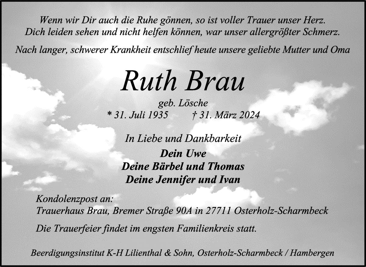  Traueranzeige für Ruth Brau vom 06.04.2024 aus Osterholzer Kreisblatt