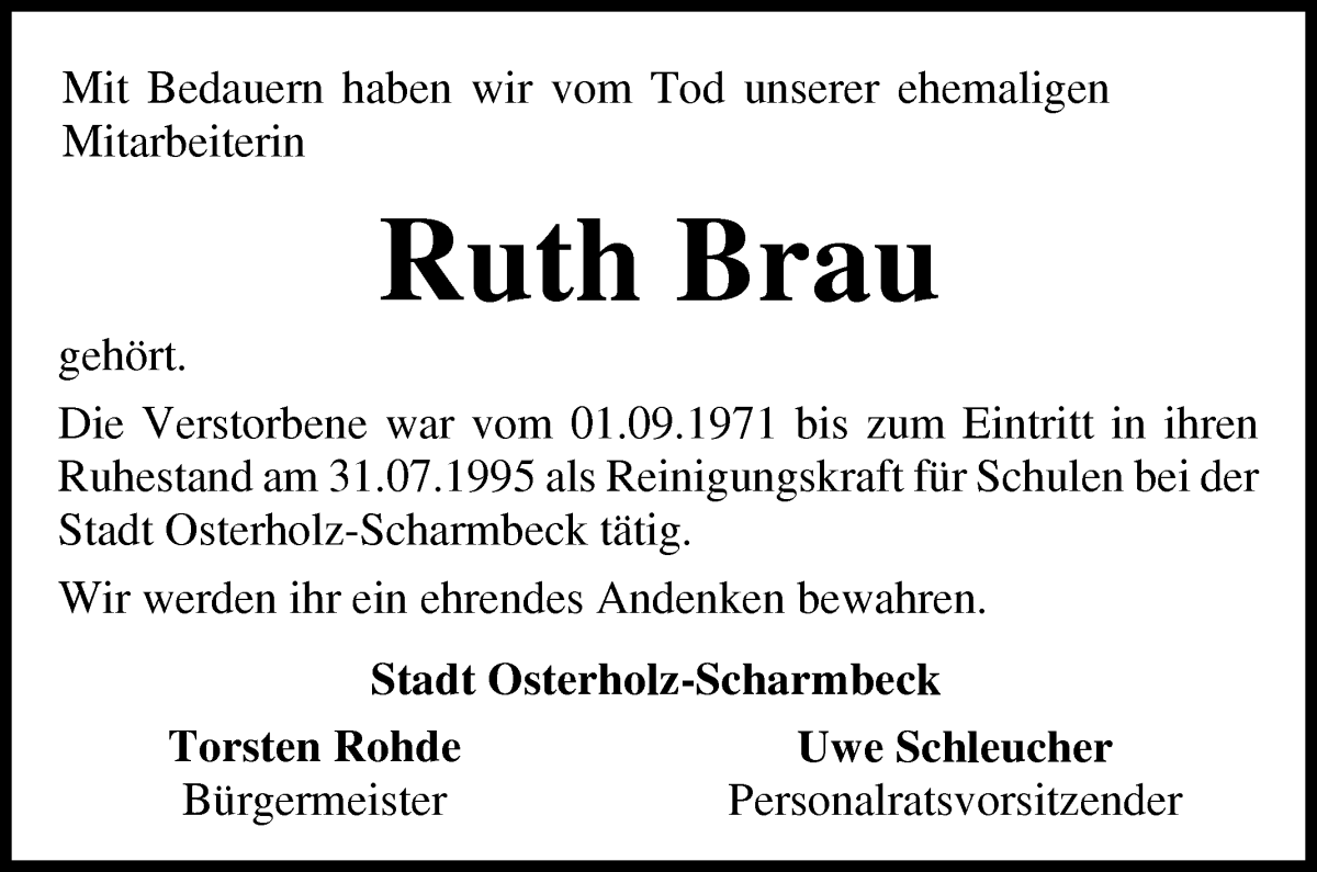 Traueranzeige von Ruth Brau von Osterholzer Kreisblatt