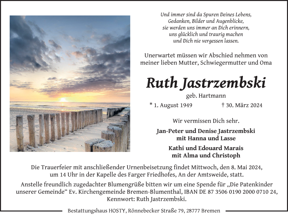 Traueranzeige von Ruth Luise Jastrzembski von Die Norddeutsche