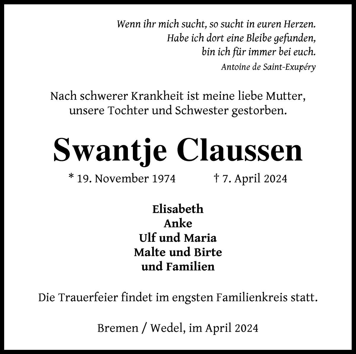  Traueranzeige für Swantje Claussen vom 13.04.2024 aus WESER-KURIER