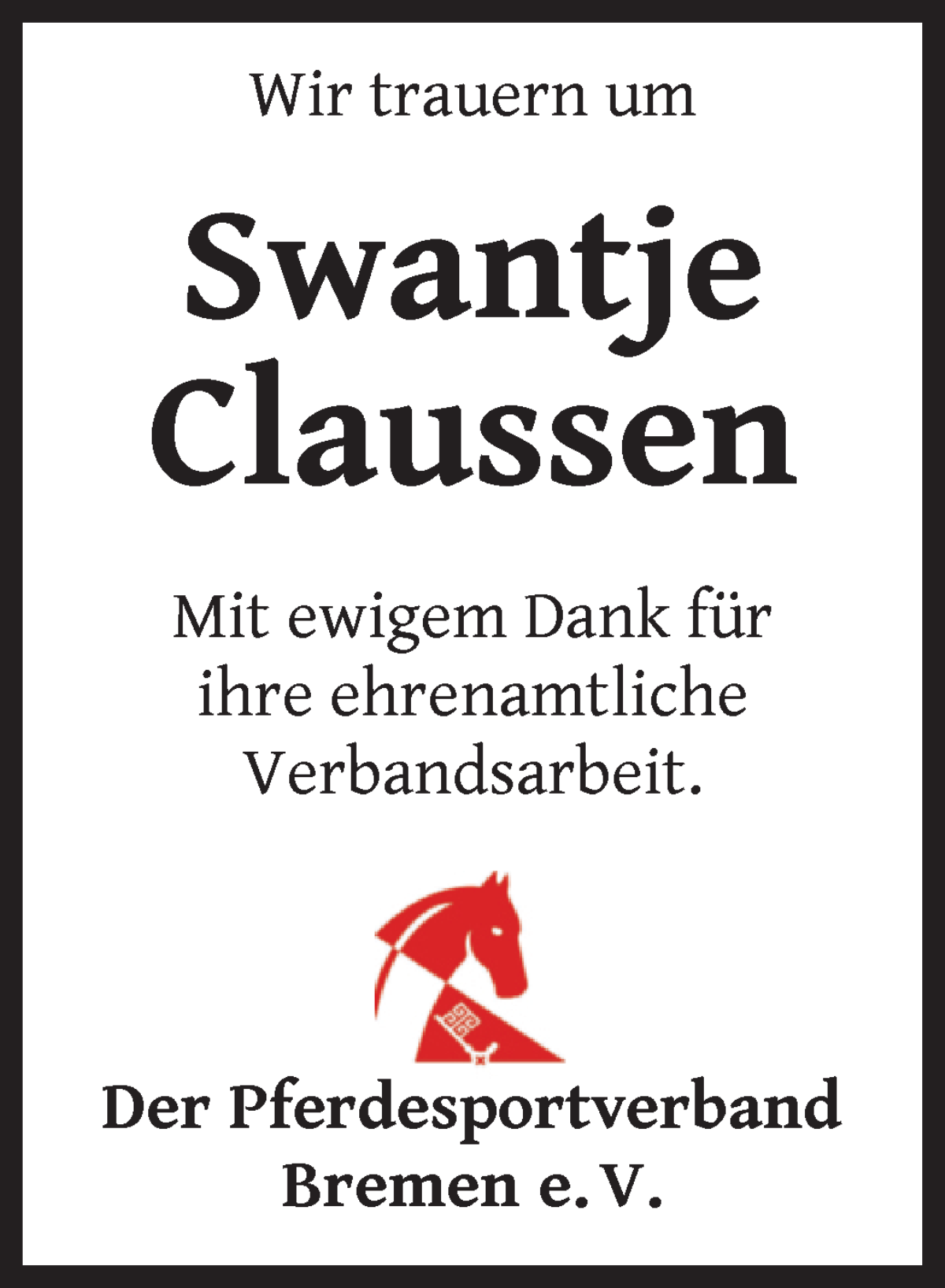  Traueranzeige für Swantje Claussen vom 13.04.2024 aus WESER-KURIER