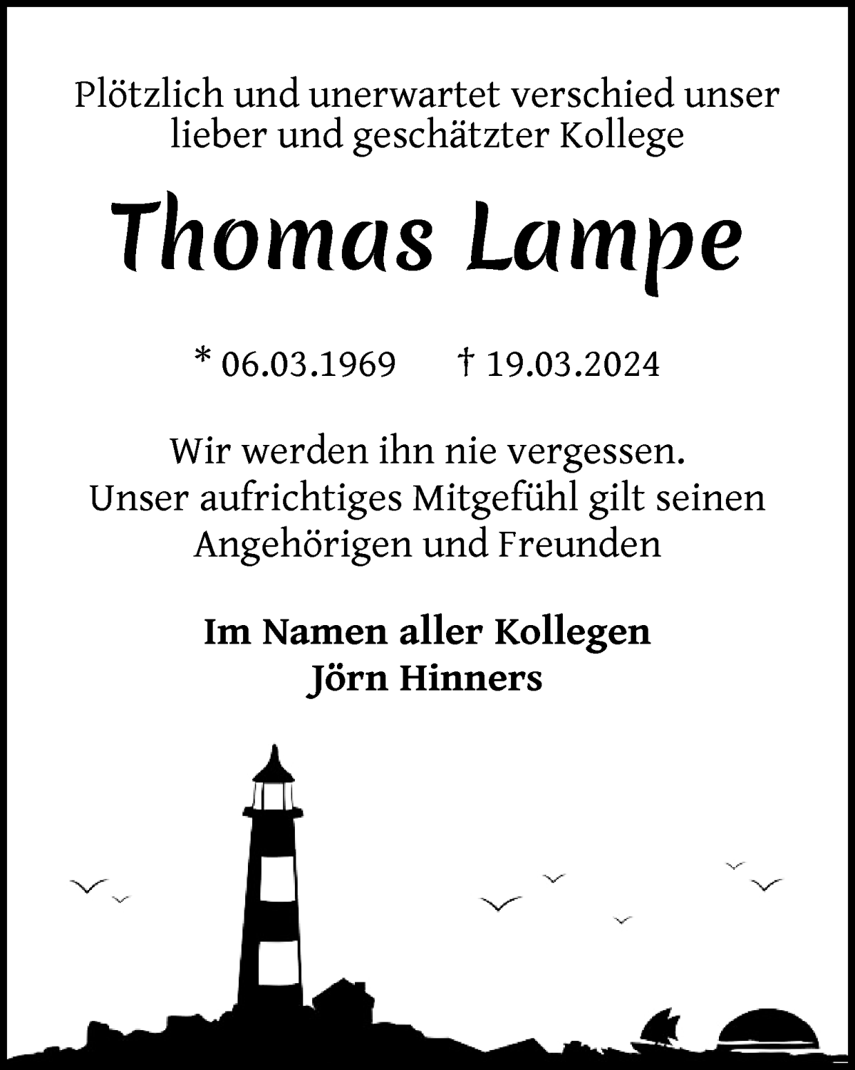 Traueranzeige von Thomas Lampe von WESER-KURIER