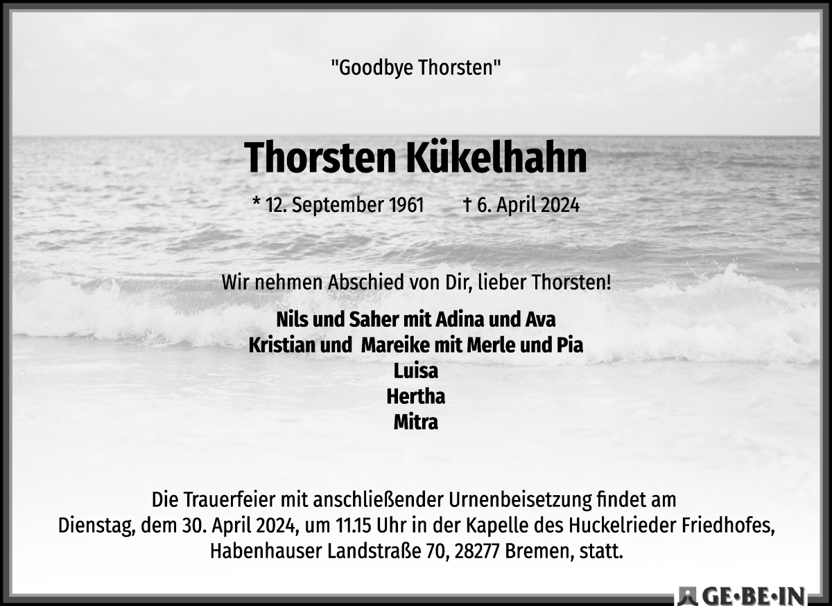  Traueranzeige für Thorsten Kükelhahn vom 20.04.2024 aus WESER-KURIER