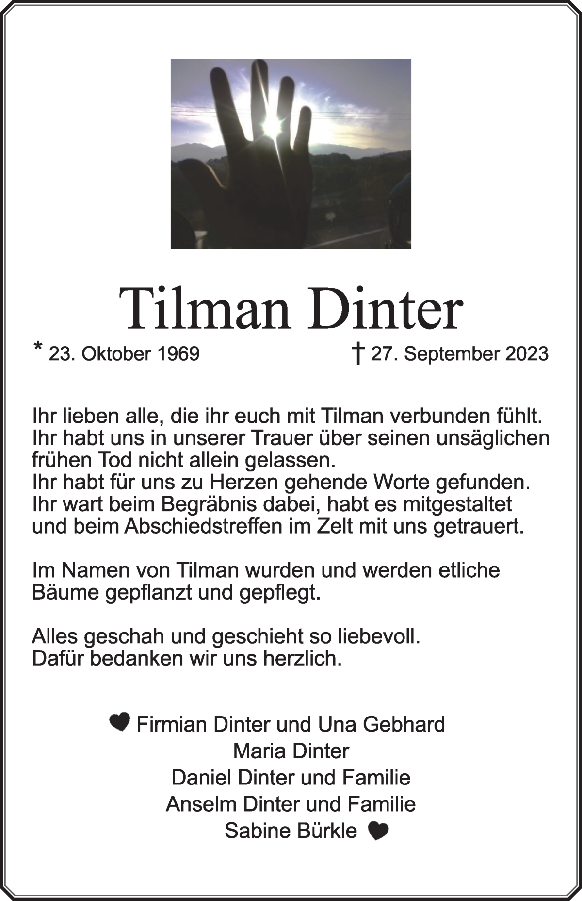Traueranzeige von Tilman Dinter von Wuemme Zeitung