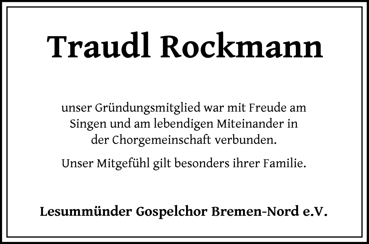 Traueranzeige von Traudl Rockmann von Die Norddeutsche