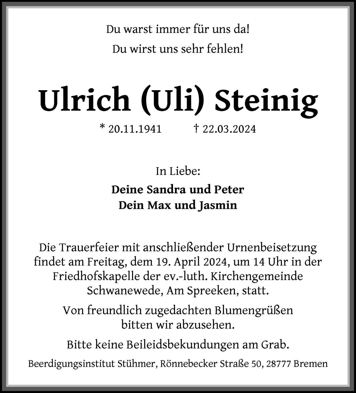 Traueranzeige von Ulrich (Uli) Steinig von Die Norddeutsche