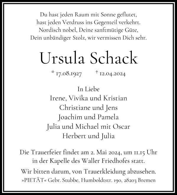 Traueranzeige von Ursula Schack von WESER-KURIER