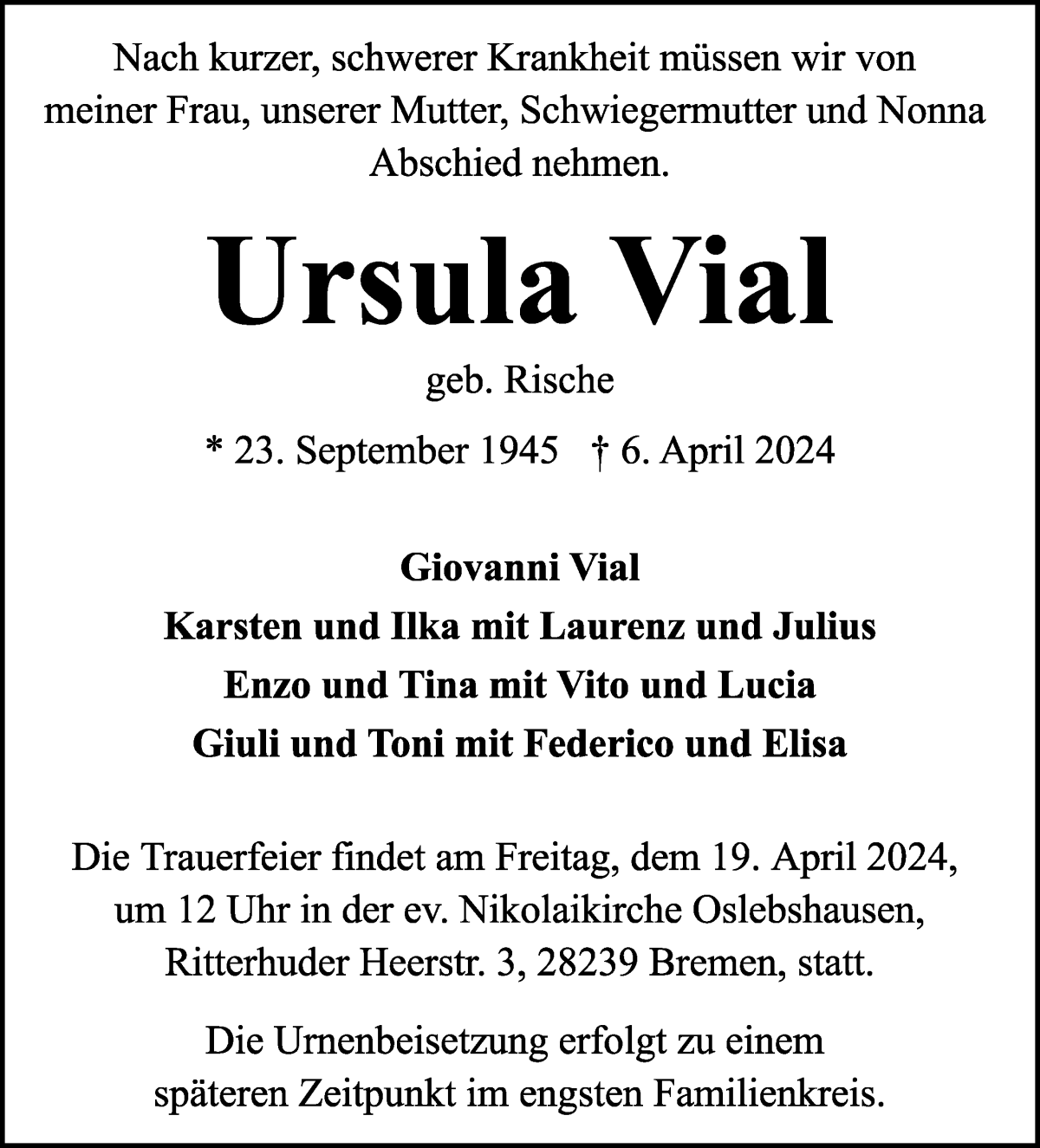  Traueranzeige für Ursula Vial vom 13.04.2024 aus WESER-KURIER