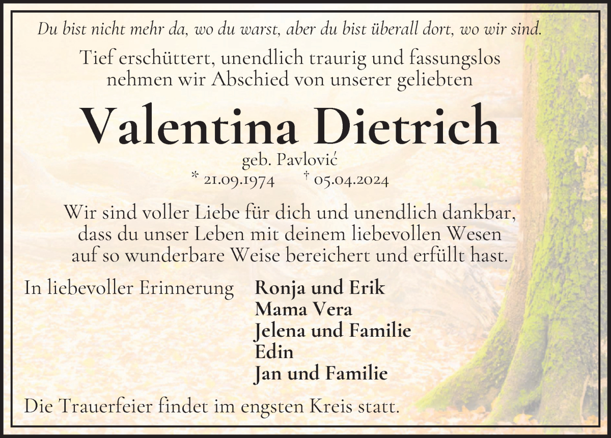  Traueranzeige für Valentina Dietrich vom 20.04.2024 aus WESER-KURIER