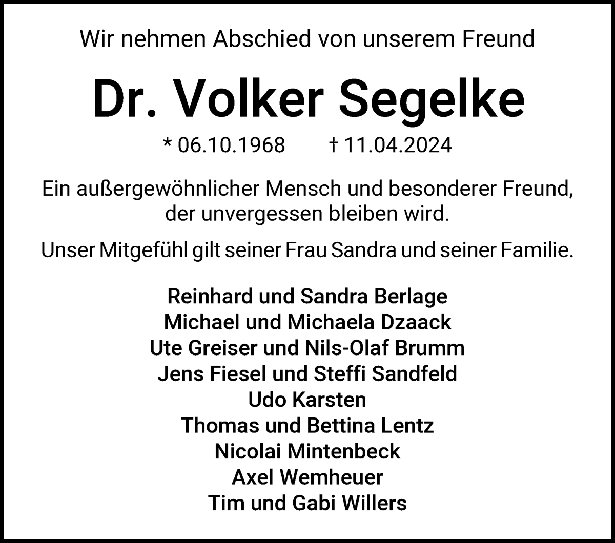  Traueranzeige für Volker Segelke vom 20.04.2024 aus WESER-KURIER