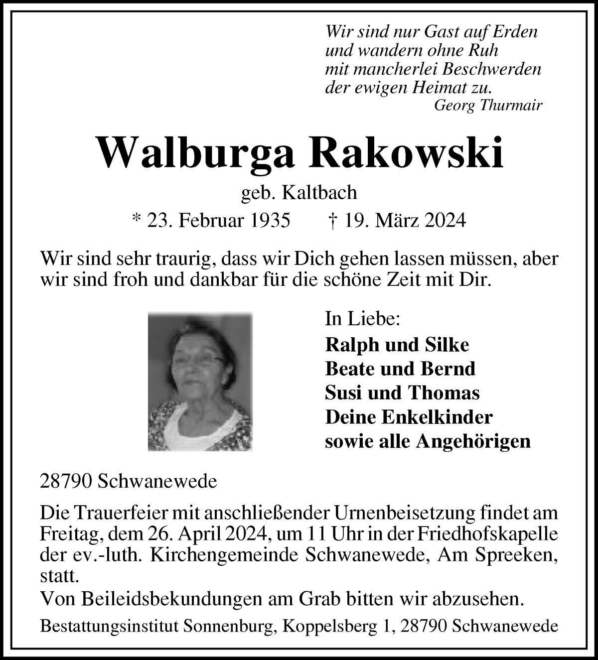 Traueranzeige von Walburga Rakowski von Die Norddeutsche