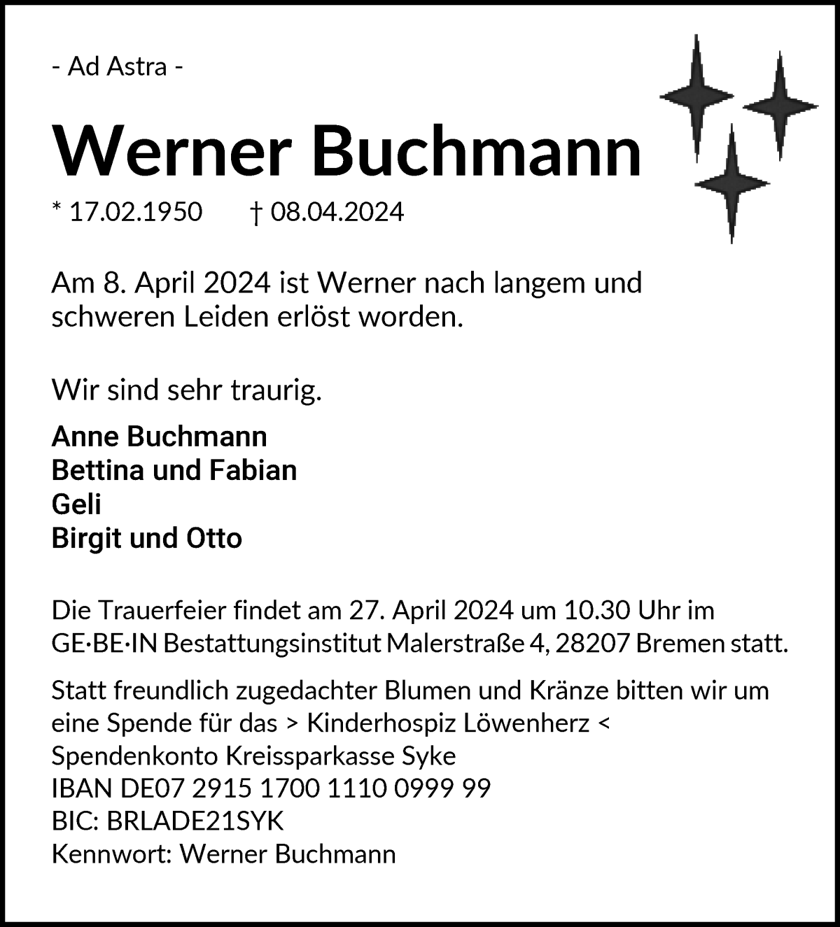 Traueranzeige von Werner Buchmann von WESER-KURIER