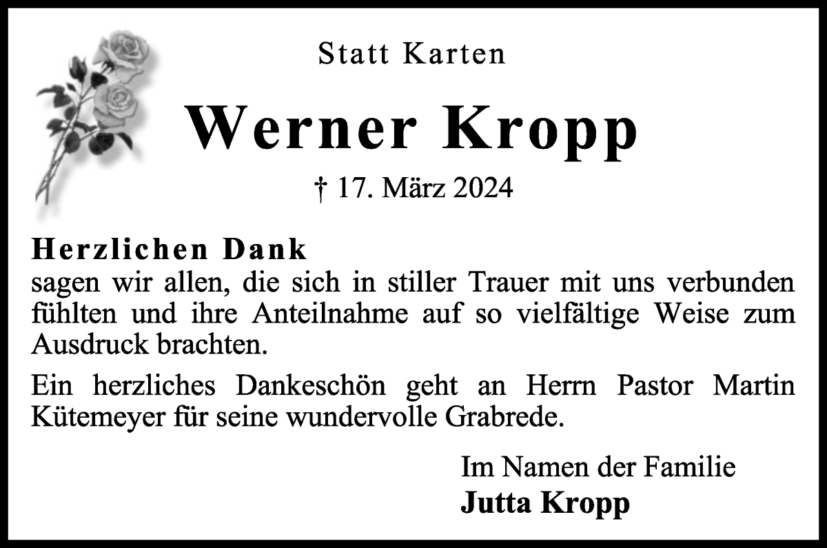 Traueranzeige von Werner Kropp von WESER-KURIER