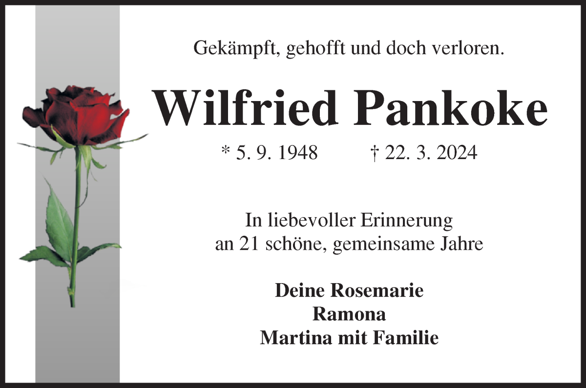  Traueranzeige für Wilfried Pankoke vom 19.04.2024 aus Osterholzer Kreisblatt
