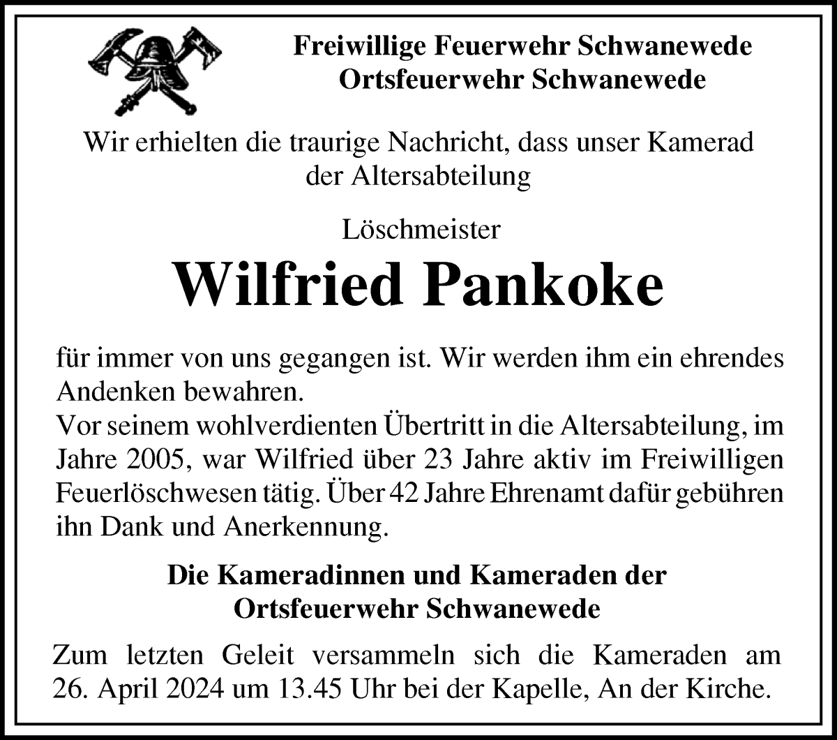  Traueranzeige für Wilfried Pankoke vom 19.04.2024 aus Die Norddeutsche