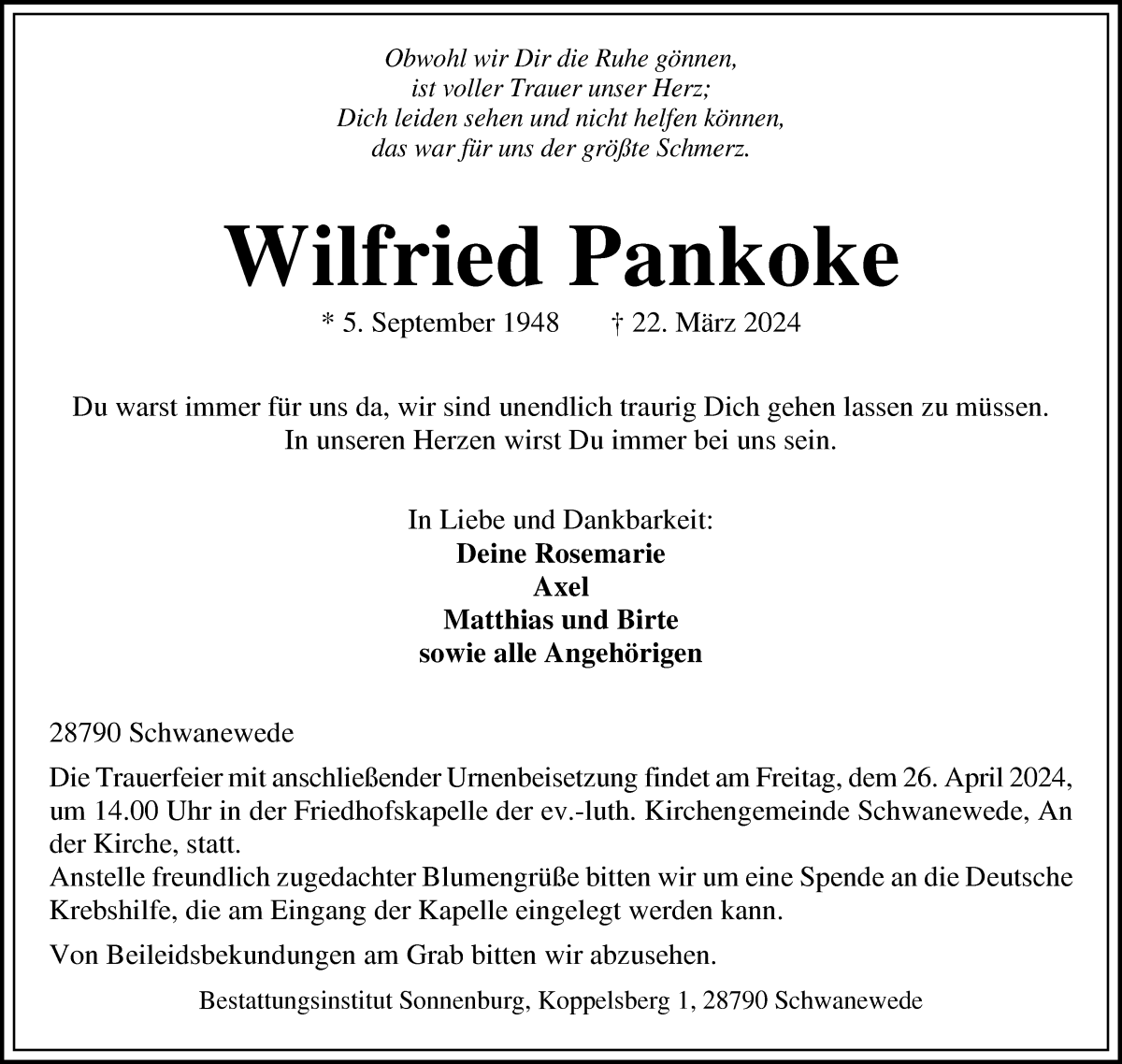  Traueranzeige für Wilfried Pankoke vom 19.04.2024 aus Die Norddeutsche