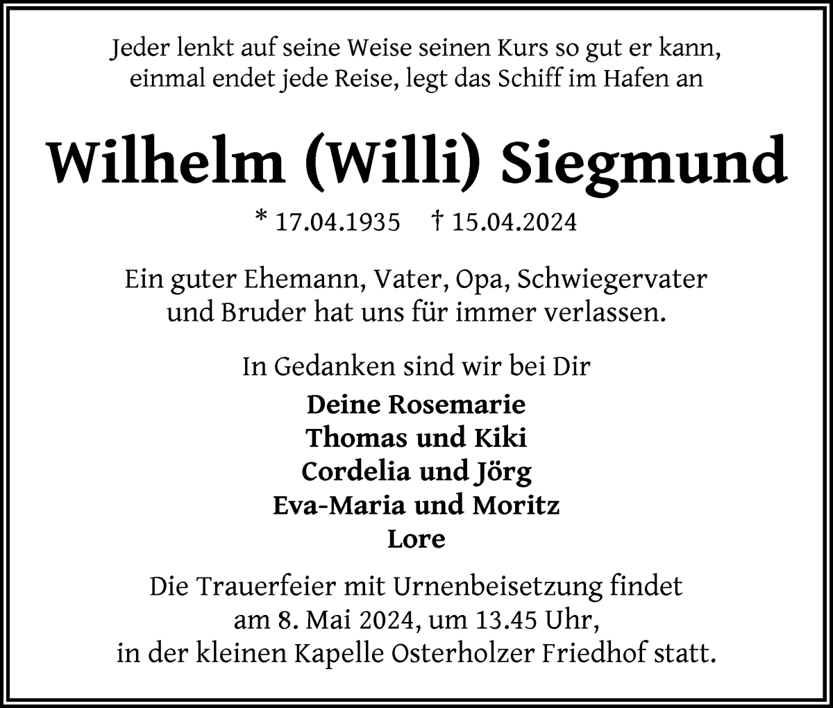 Traueranzeige von Wilhelm Siegmund von WESER-KURIER