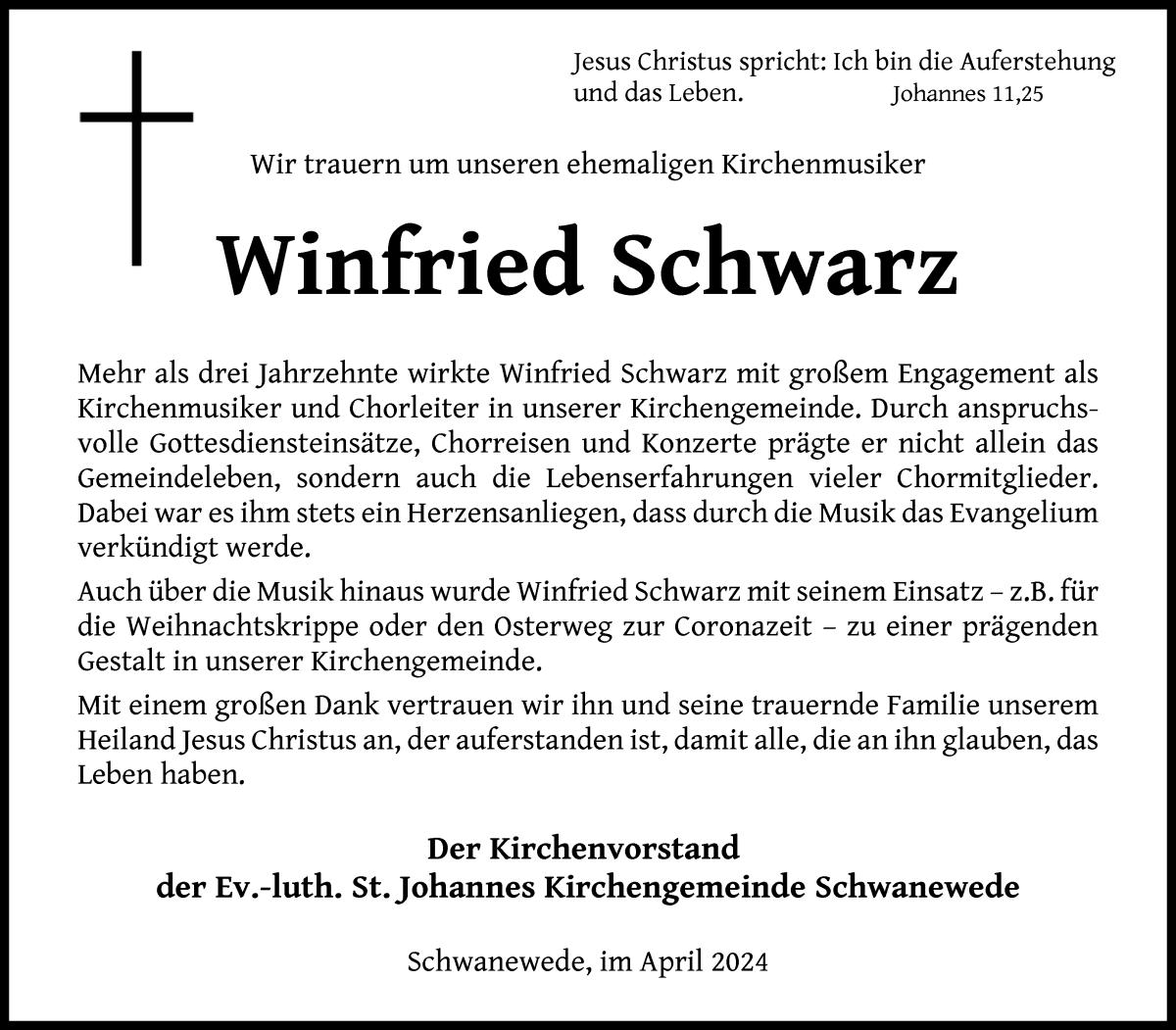 Traueranzeige von Winfried Schwarz von Die Norddeutsche