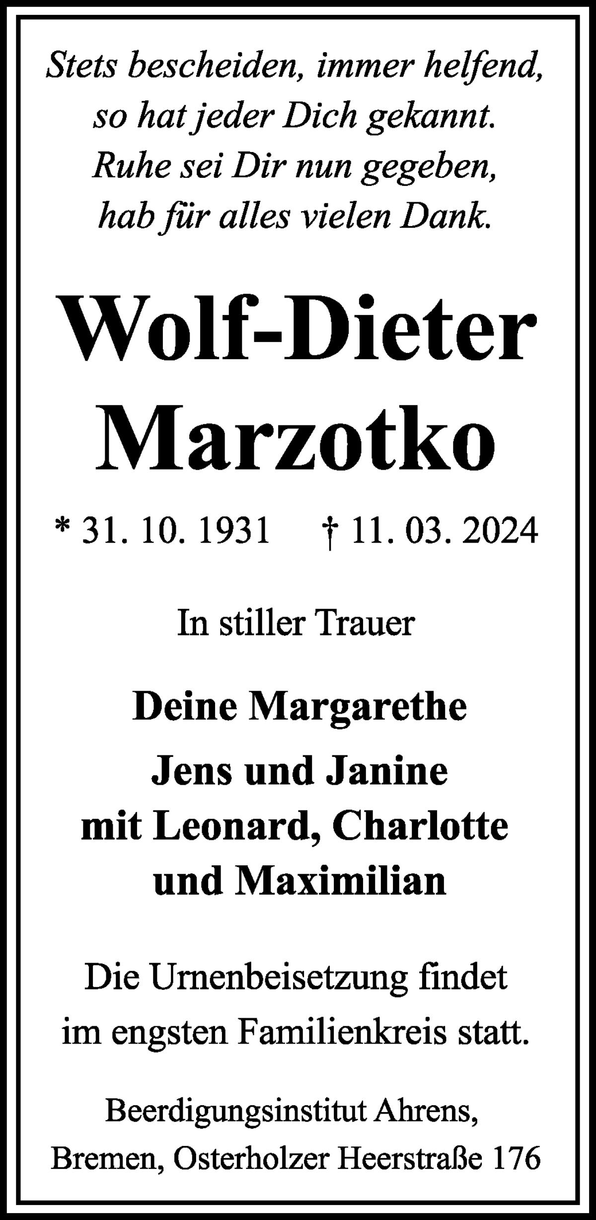 Traueranzeige von Wolf-Dieter Marzotko von WESER-KURIER