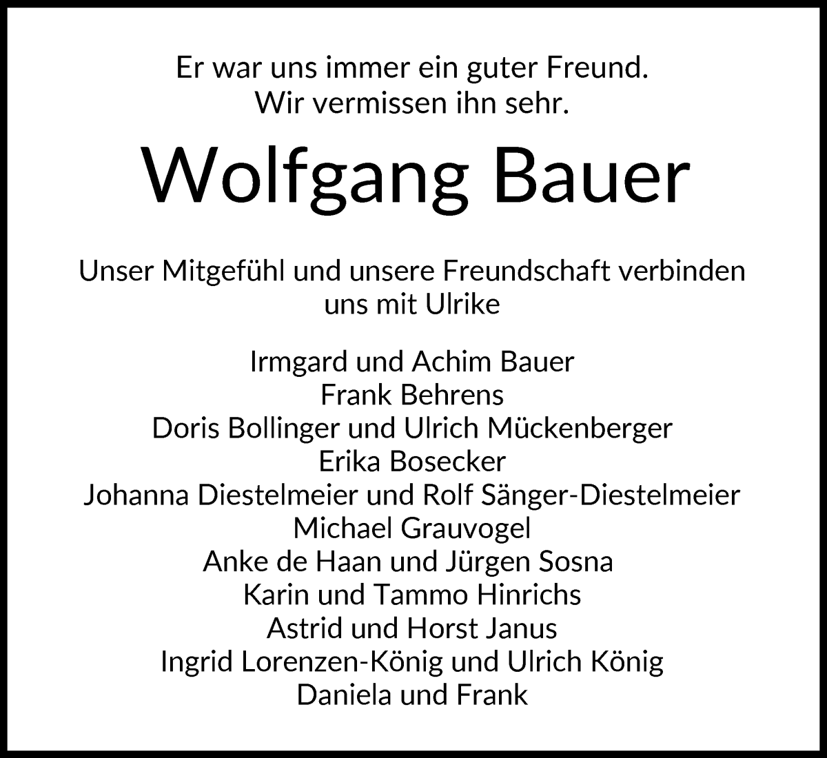 Traueranzeige von Wolfgang Bauer von WESER-KURIER