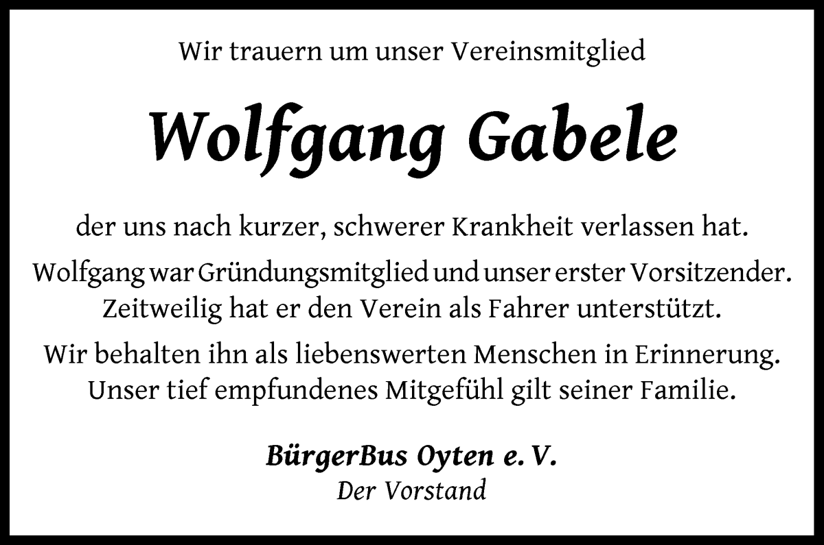 Traueranzeige von Wolfgang Gabele von Achimer Kurier/Verdener Nachrichten