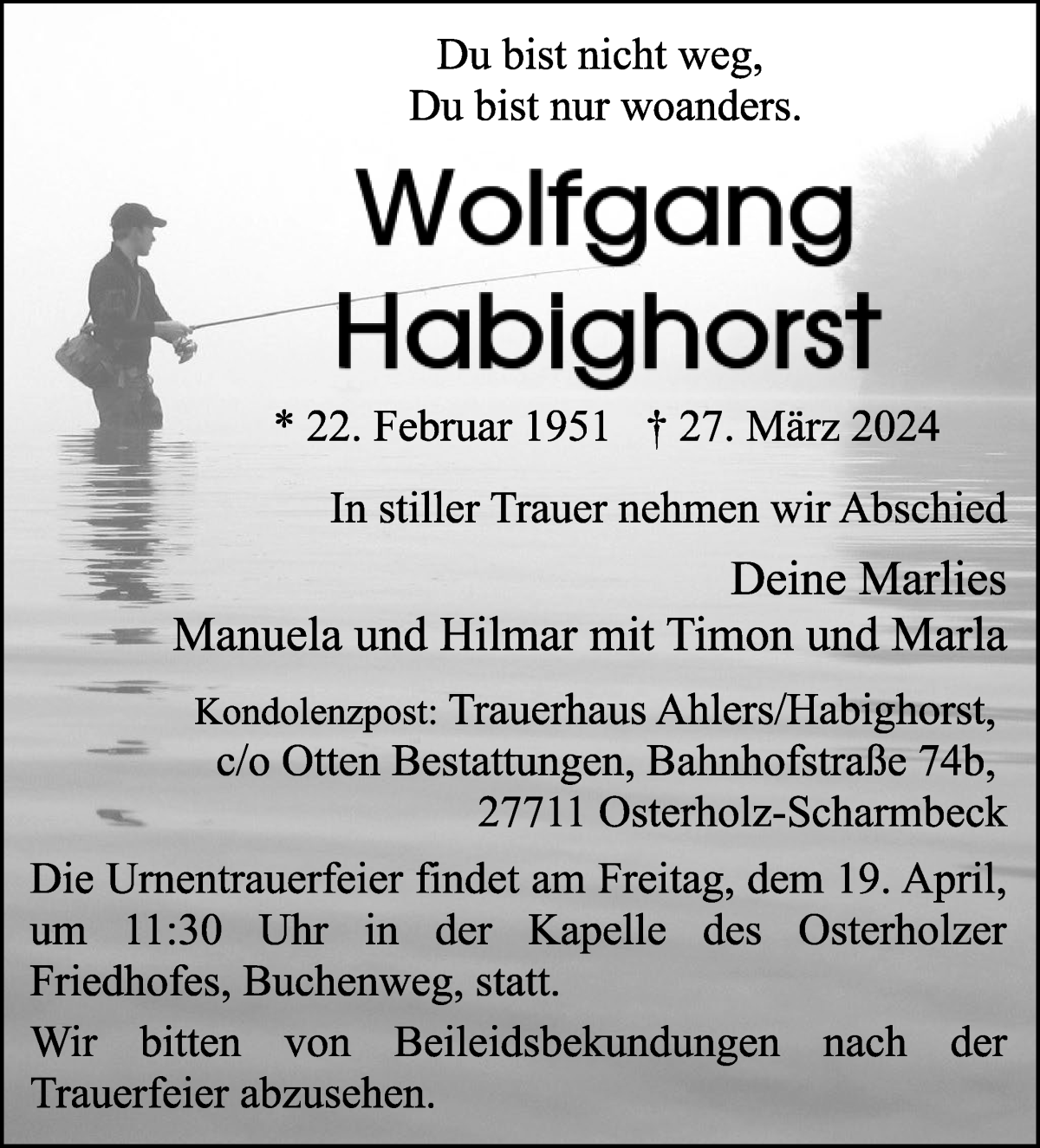 Traueranzeige von Wolfgang Habighorst von Osterholzer Kreisblatt