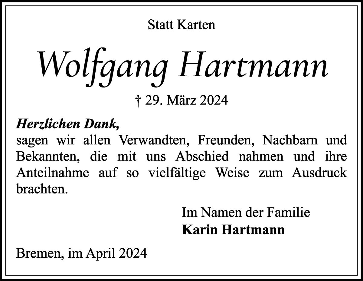 Traueranzeige von Wolfgang Hartmann von WESER-KURIER