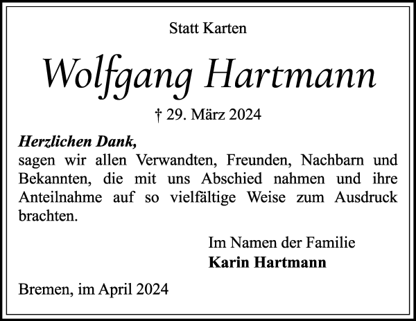 Traueranzeige von Wolfgang Hartmann