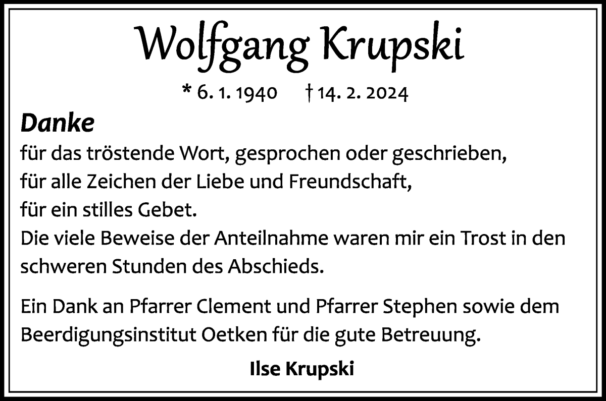  Traueranzeige für Wolfgang Krupski vom 06.04.2024 aus Die Norddeutsche
