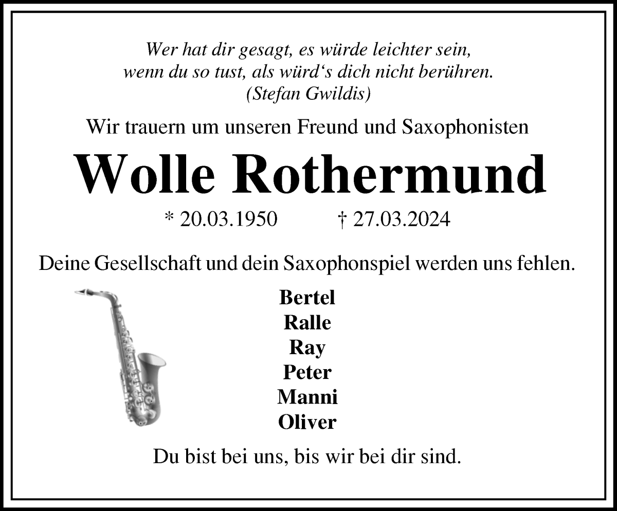 Traueranzeige von Wolle Rothermund von Die Norddeutsche