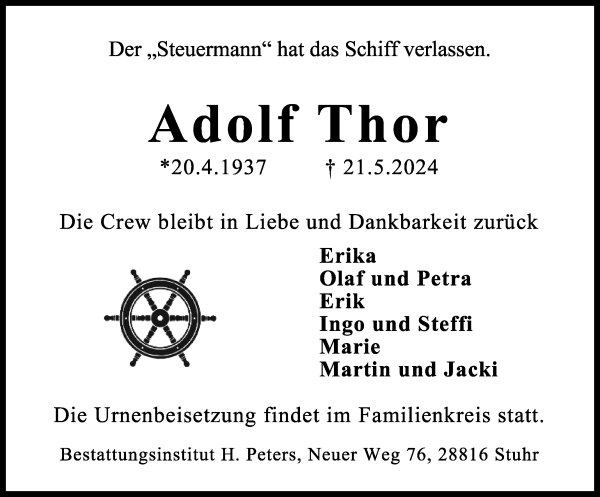 Traueranzeige von Adolf Thor von WESER-KURIER