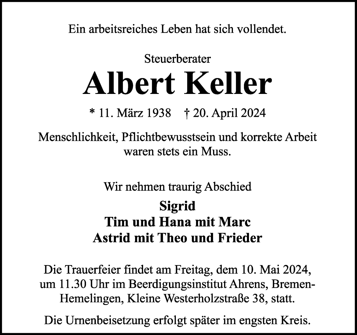 Traueranzeige von Albert Keller von WESER-KURIER