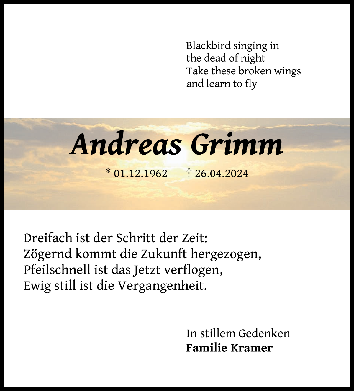 Traueranzeige von Andreas Grimm von Wuemme Zeitung