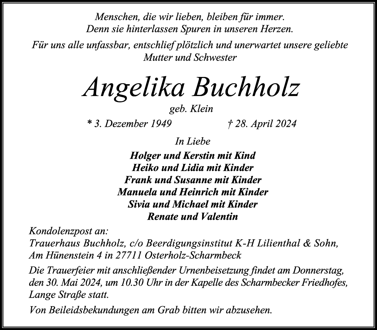  Traueranzeige für Angelika Buchholz vom 25.05.2024 aus Osterholzer Kreisblatt
