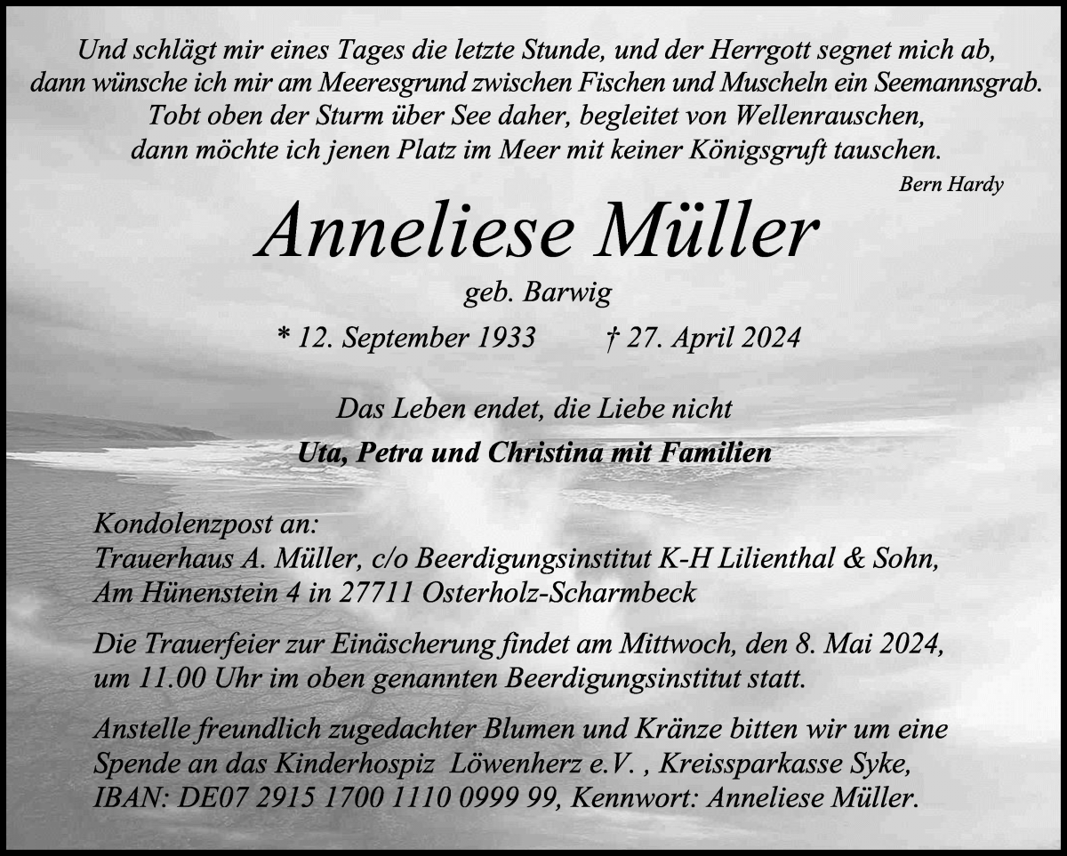 Traueranzeige von Anneliese Müller von Osterholzer Kreisblatt